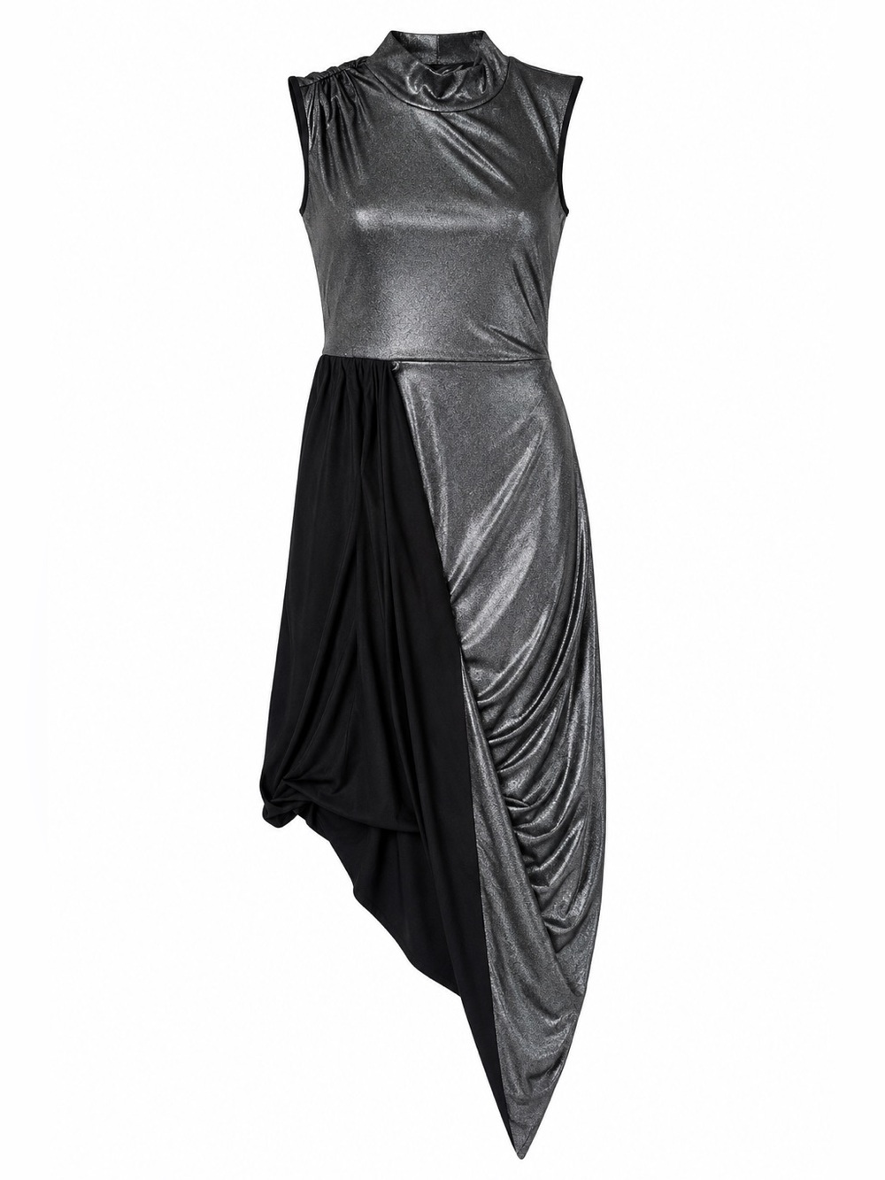BCBGMaxAzria Silver and Black Asymmetrical Draped Dress